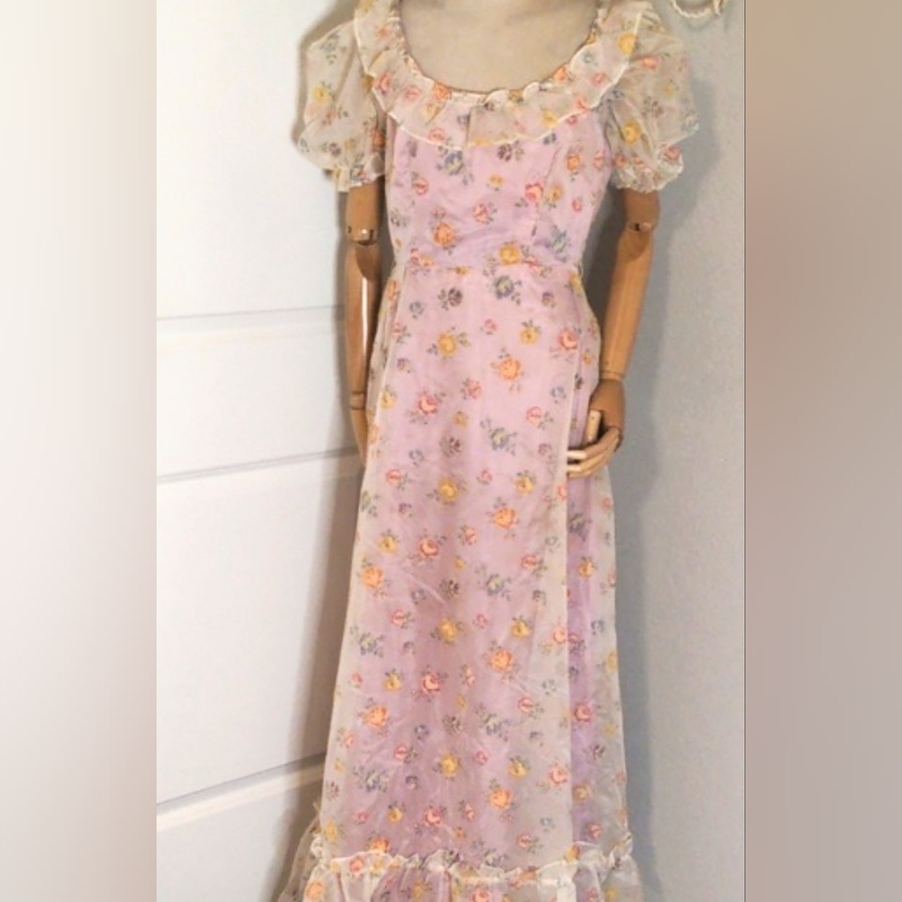 Vintage 70s Maxi Dress Prairie Gunne Style Floral Swiss Dot Pink Purple Sz Small